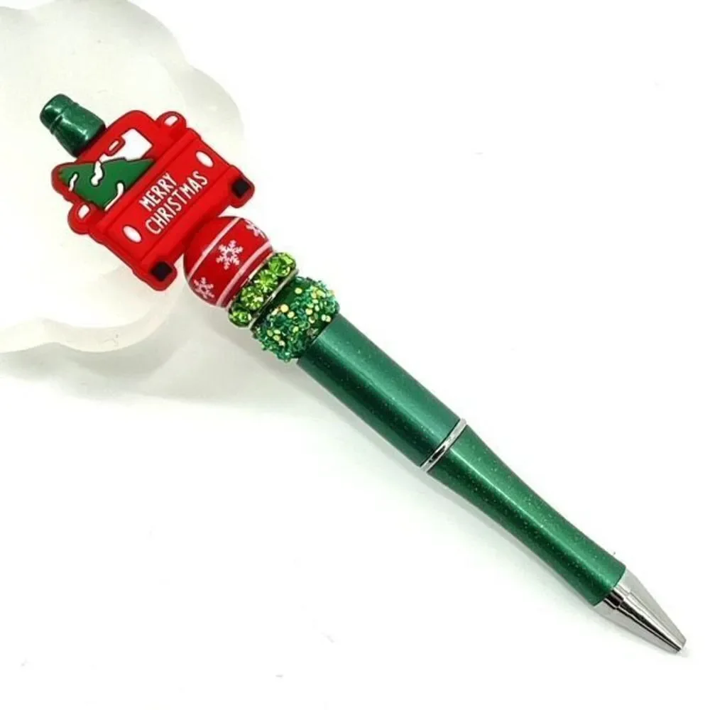 Merry Christmas pickup truck tree handmade pen NEW beads green red